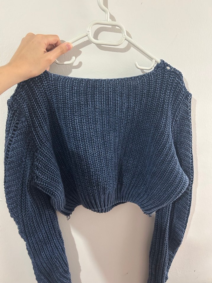 Navy Örgü Kadın crop Kazak - Görsel 3