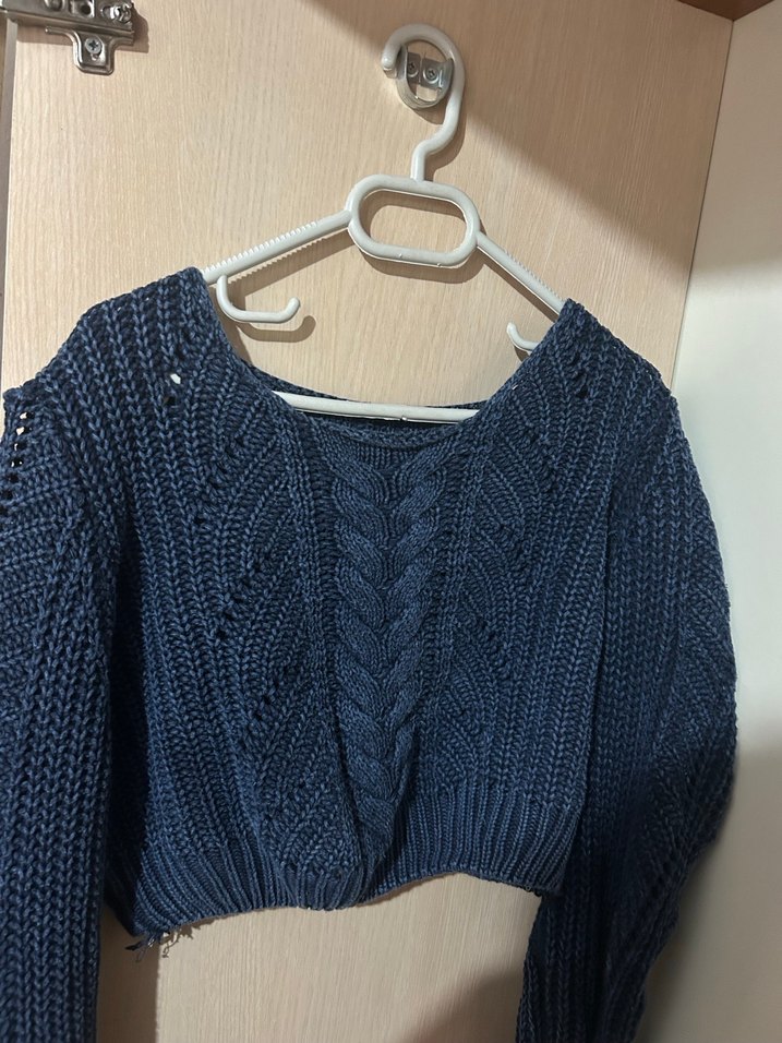 Navy Örgü Kadın crop Kazak - Görsel 2