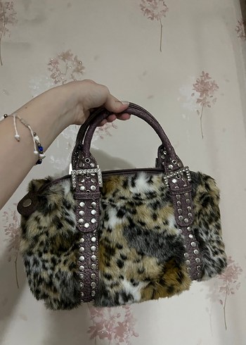 Kürk Detaylı Leopar Desenli Kahverengi Deri Çanta