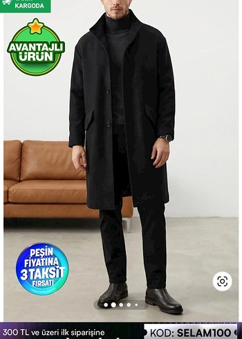 Düğmeli Siyah Midi Erkek Kaban - Görsel 3