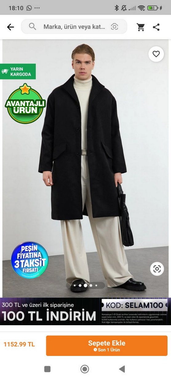 Düğmeli Siyah Midi Erkek Kaban - Görsel 4