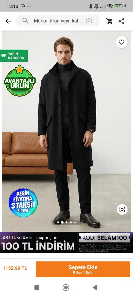 Düğmeli Siyah Midi Erkek Kaban - Görsel 3