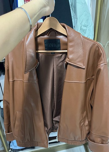 Kahverengi Deri Bol Kesim Ceket - Görsel 4