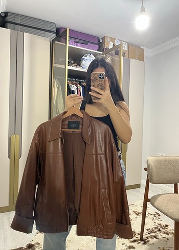 Kahverengi Deri Bol Kesim Ceket - Görsel 3