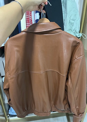 Kahverengi Deri Bol Kesim Ceket - Görsel 5