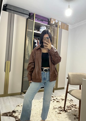 Kahverengi Deri Bol Kesim Ceket - Görsel 2