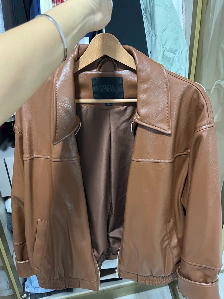 Kahverengi Deri Bol Kesim Ceket - Görsel 4