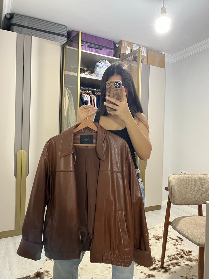 Kahverengi Deri Bol Kesim Ceket - Görsel 3