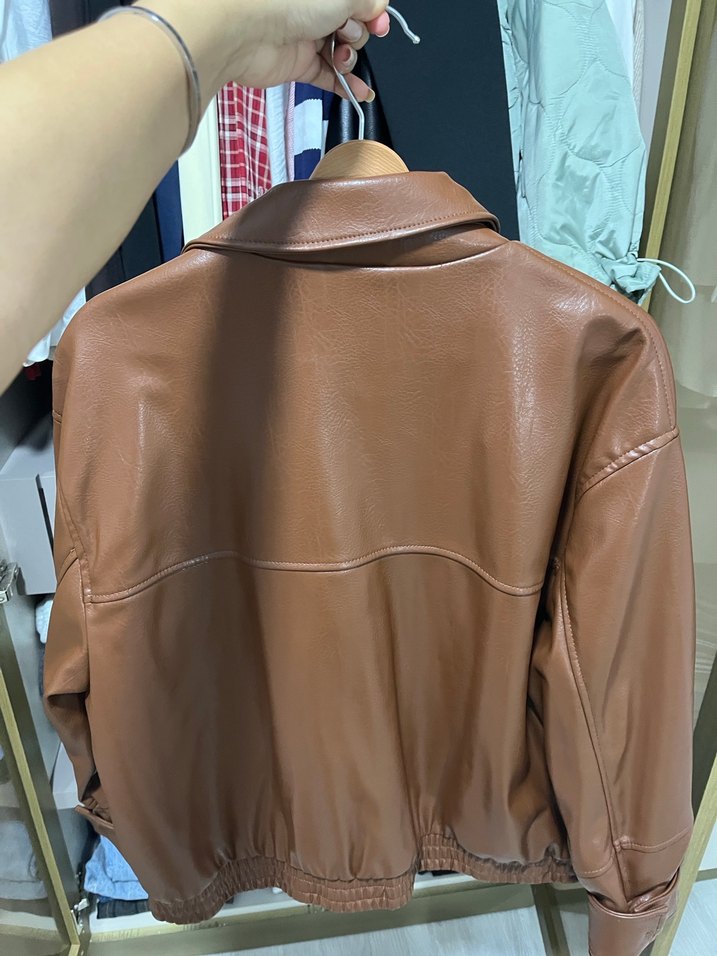 Kahverengi Deri Bol Kesim Ceket - Görsel 5