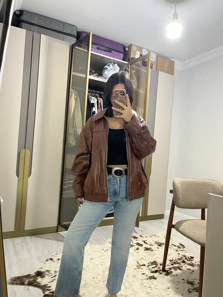 Kahverengi Deri Bol Kesim Ceket - Görsel 2