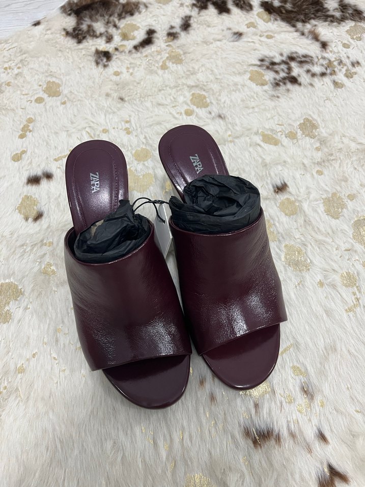 Bordo Deri Dolgu Topuk Kadın Terlik - Görsel 2