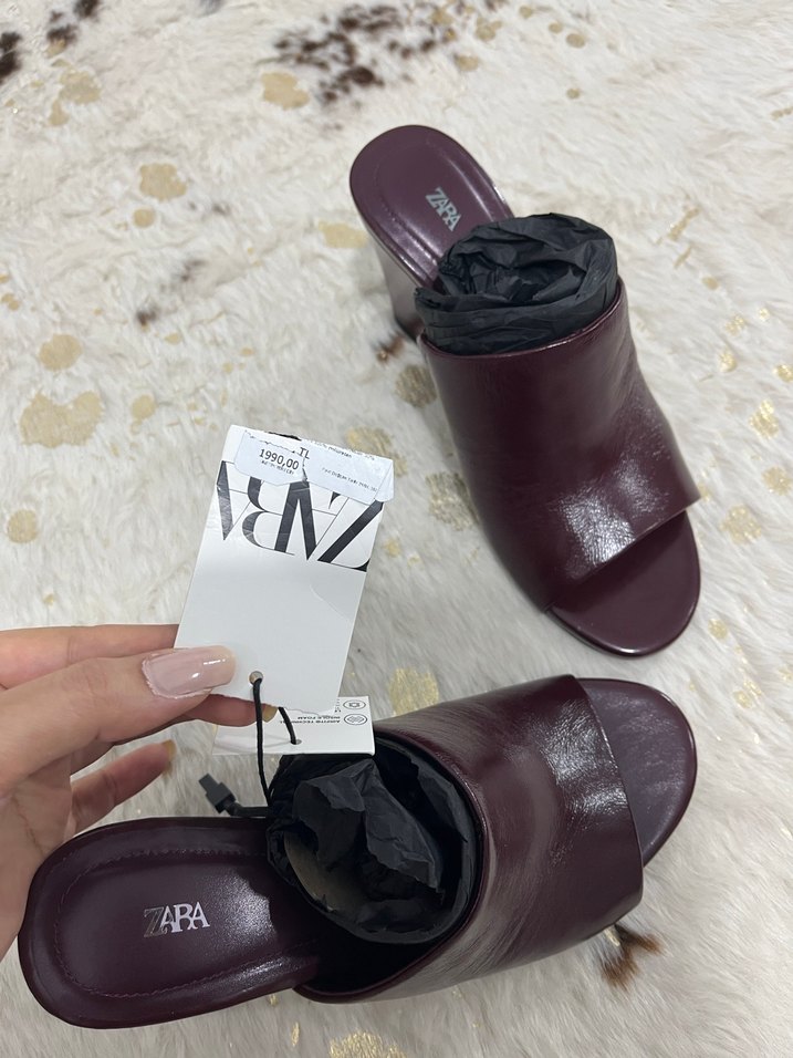 Bordo Deri Dolgu Topuk Kadın Terlik - Görsel 5