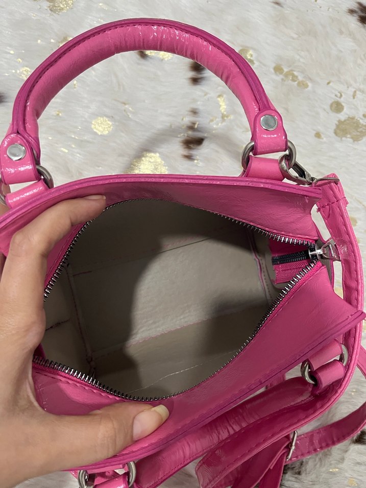 Fermuarlı Pembe Deri Kadın El Çantası - Görsel 5