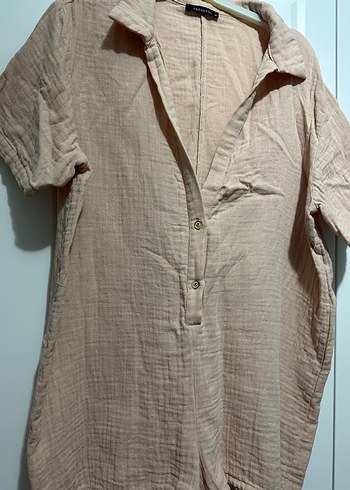 Kısa Kollu Bej Keten tulum - Görsel 3