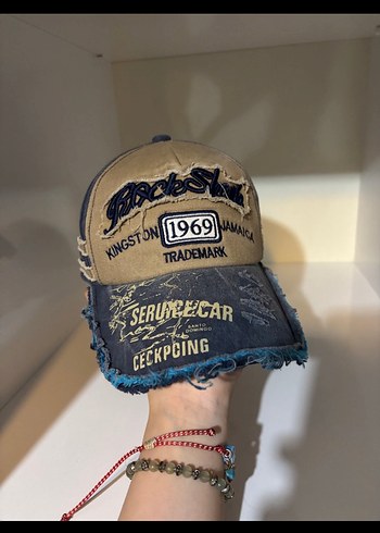 American Vintage Vintage Denim Detayli Bej Lacivert Kapusonlu Sapka