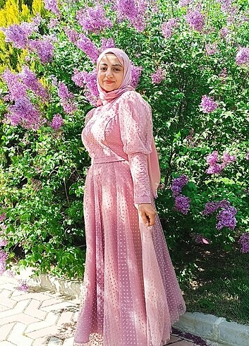 Pembe renkli simli tesettür abiye+şal dahil