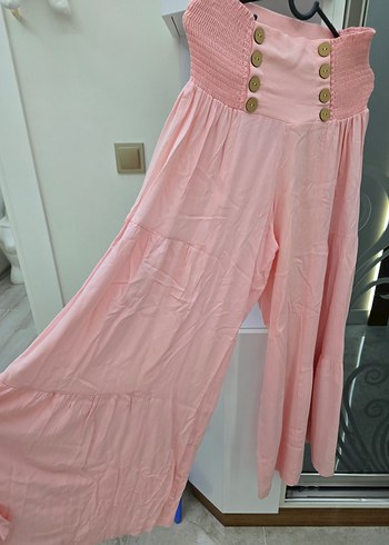 Düğmeli Pembe Bol Kesim Kadın Keten Pantolon