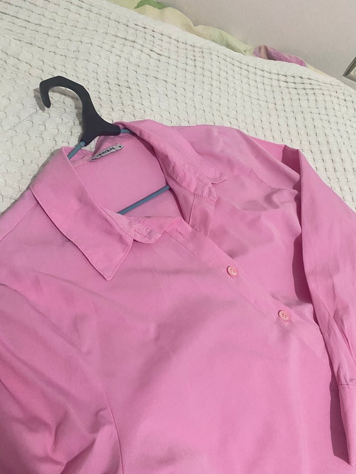 Pembe Düğmeli Uzun Kollu Keten Gömlek - Görsel 3