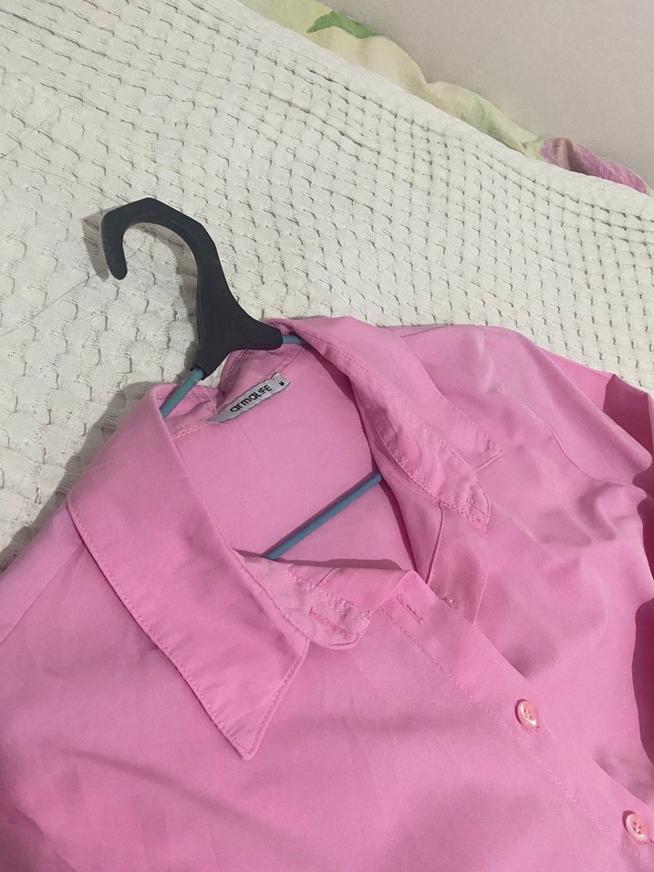 Pembe Düğmeli Uzun Kollu Keten Gömlek - Görsel 4