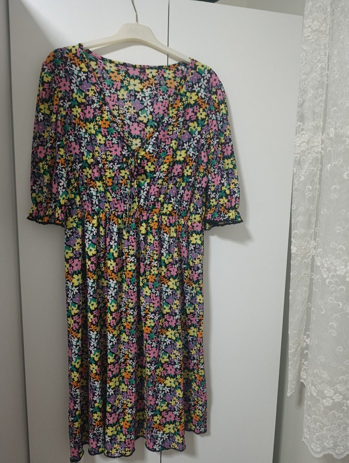 Renkli Bohem Midi Elbise V Yaka - Görsel 2