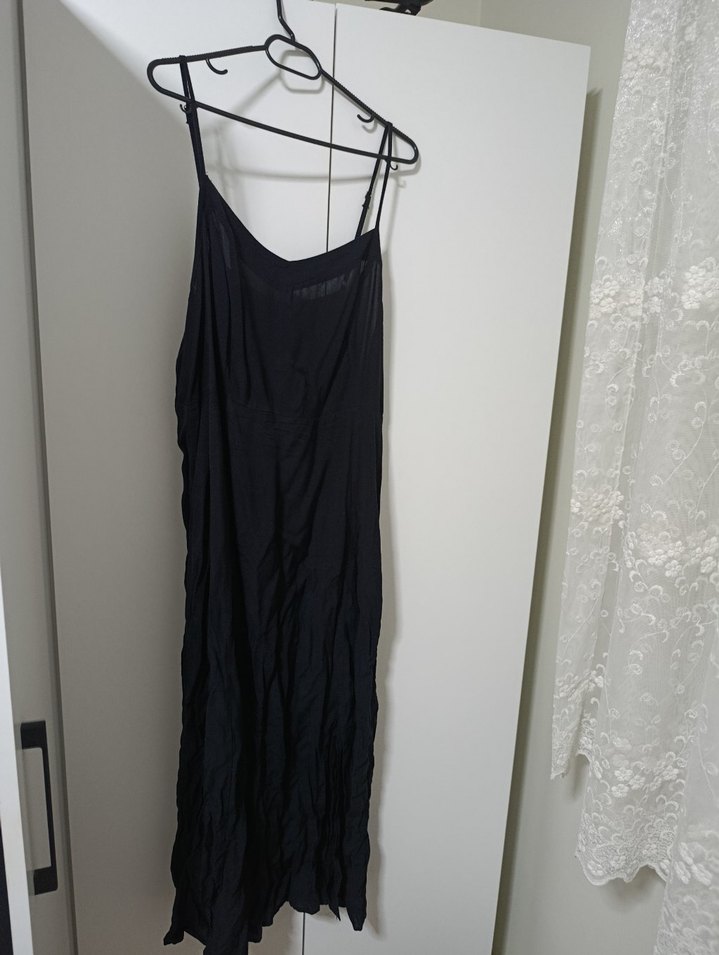 Askılı Siyah Uzun Keten Elbise - Görsel 2