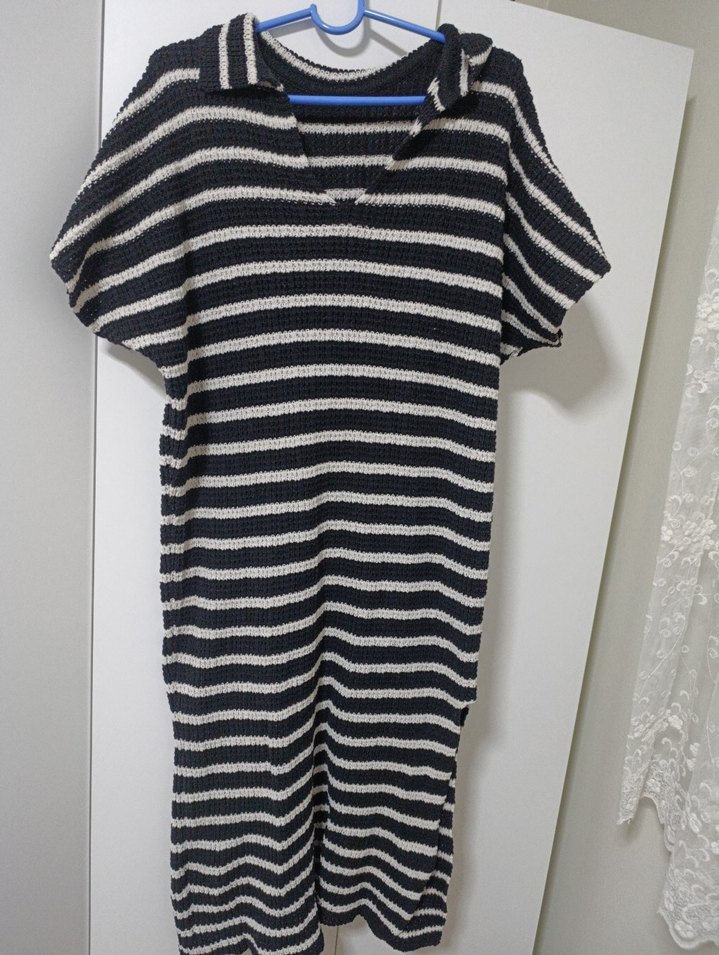 Gri Çizgili Örgü Midi Kadın Elbise - Görsel 2