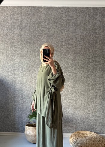 Haki Kadın Uzun Askılı Keten Elbise - Görsel 3