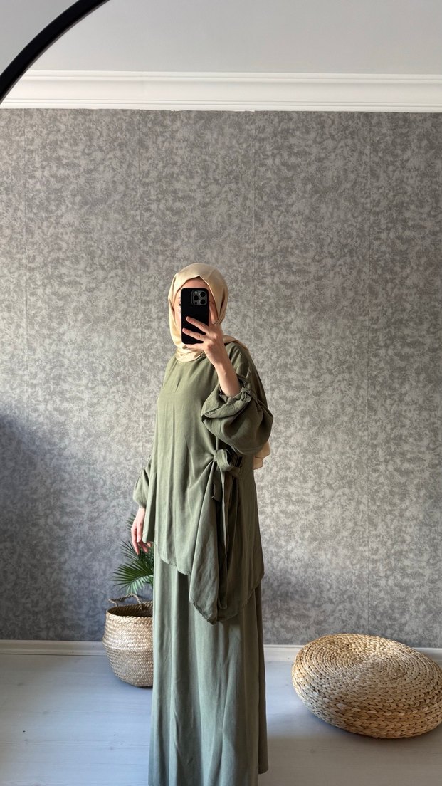 Haki Kadın Uzun Askılı Keten Elbise - Görsel 3