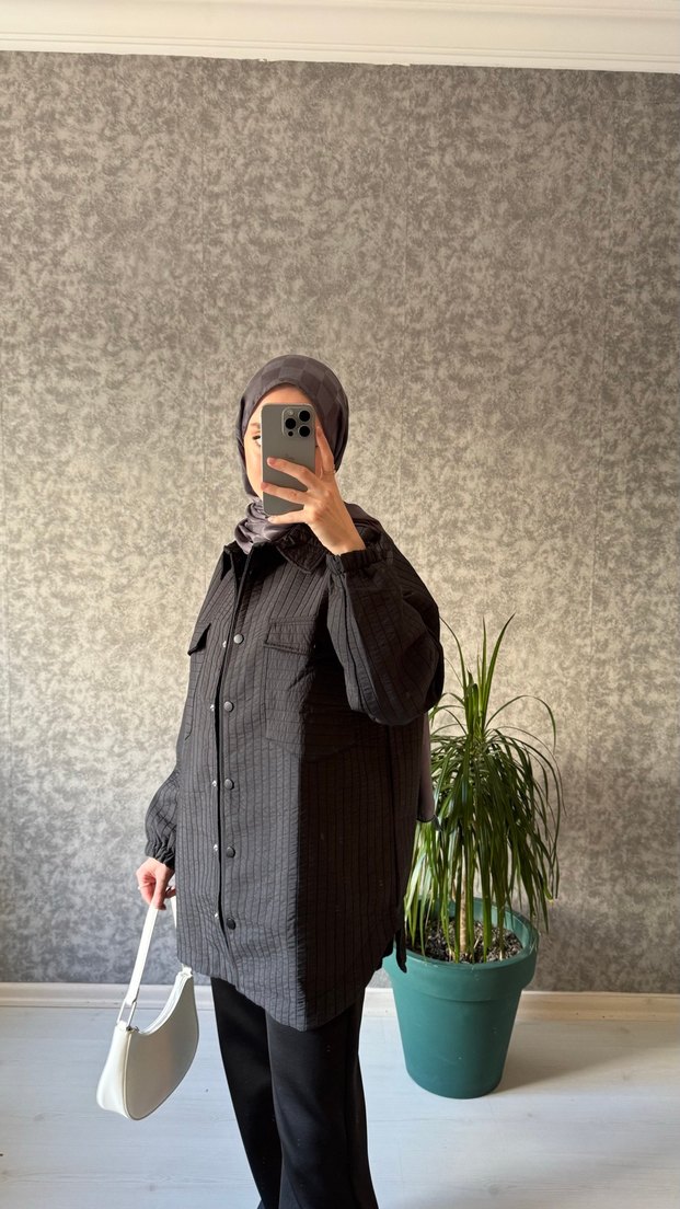 Düğmeli Siyah Uzun Street Wear Kadın Kaban - Görsel 5