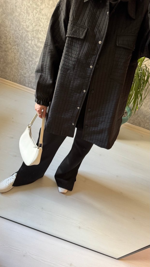 Düğmeli Siyah Uzun Street Wear Kadın Kaban - Görsel 4