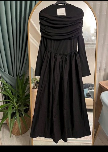 universal Beden manuka Uzun Kollu Siyah Drape Detaylı elbise