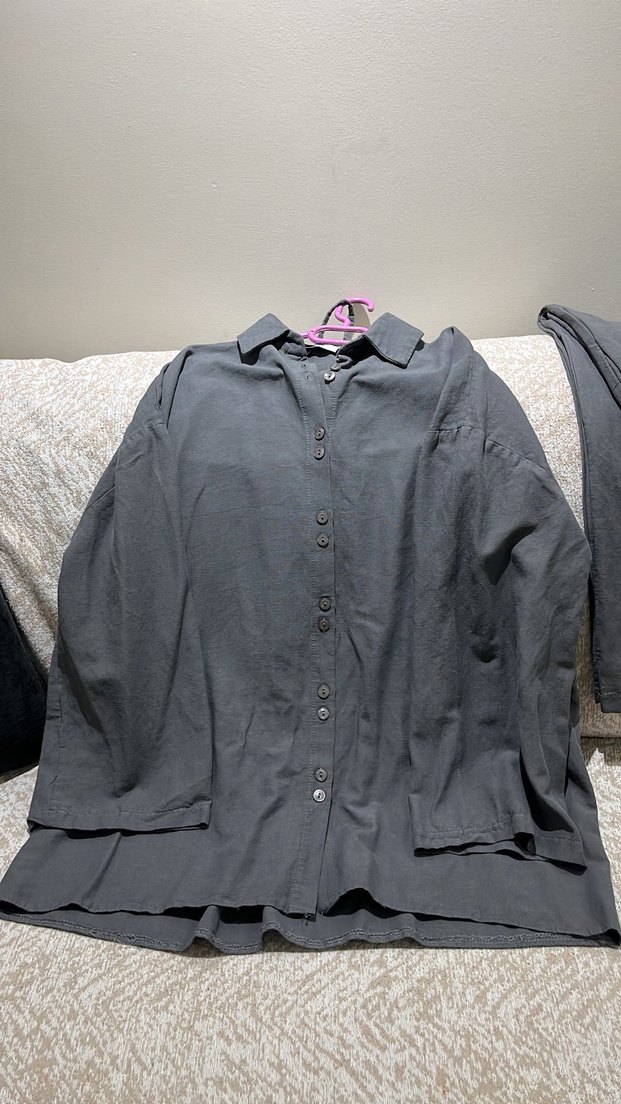 Gri Kadın Keten Gömlek, Düğmeli, Rahat Kesim - Görsel 2