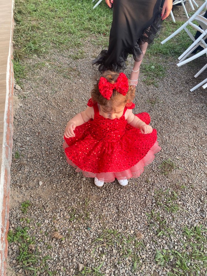 Kırmızı İşlemeli Fırfırlı Kız Çocuk Elbise 1-2 yaş - Görsel 3