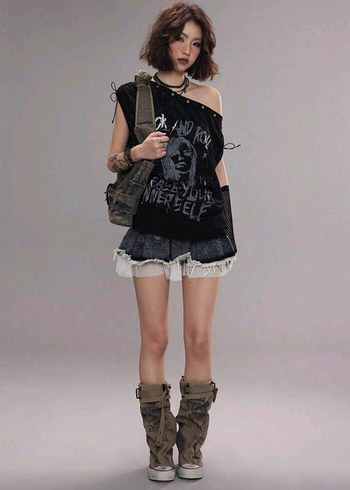Sheinside Mini Denim tül patchworklü pileli etek