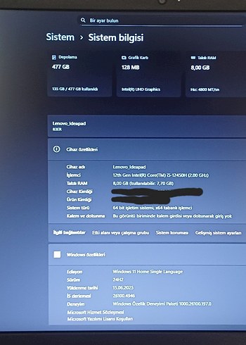 Lenovo LENOVO IdeaPad Slim 3 i5 İşlemci 8GB RAM 512GB SSD Windows 11