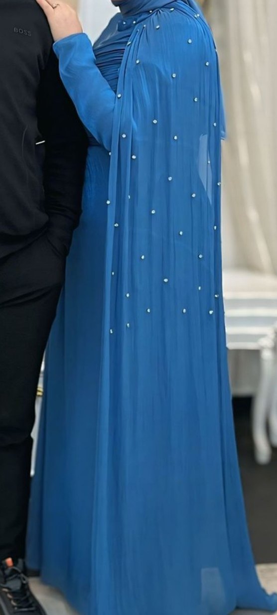 Uzun Kollu Mavi Drapeli Abiye Elbise - Görsel 2