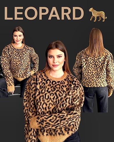 Leopar desen yünlü etiketli kazak