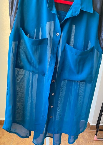 Düğmeli Mavi Salaş Kadın Gömlek - Görsel 2