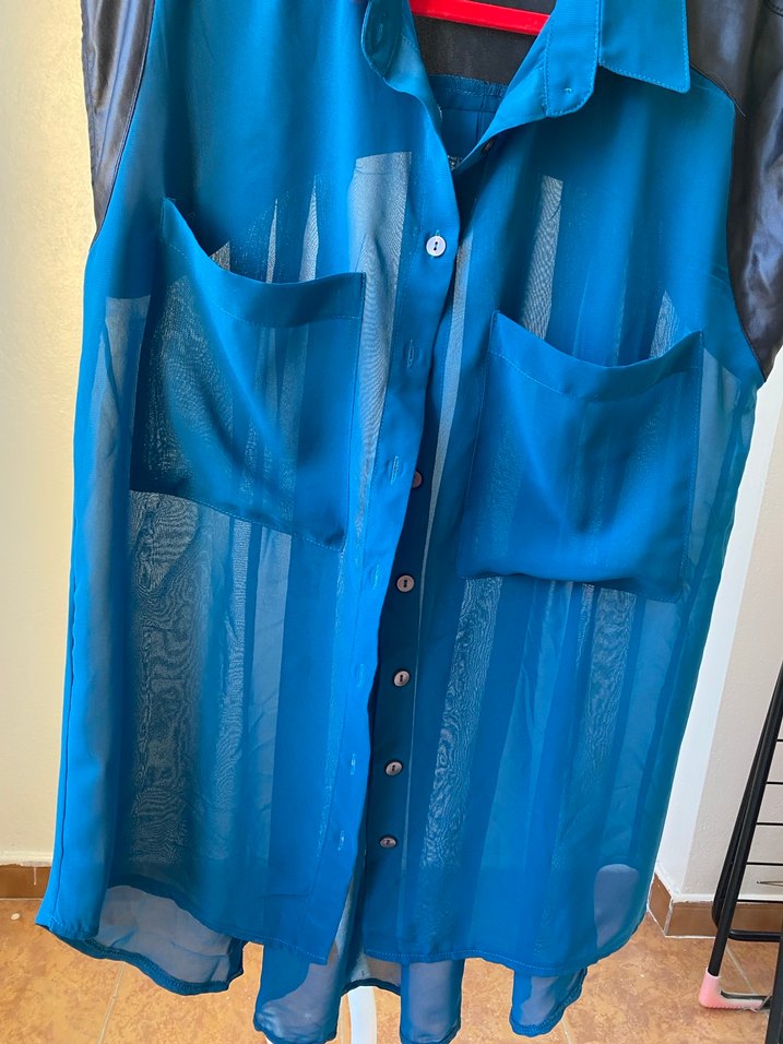 Düğmeli Mavi Salaş Kadın Gömlek - Görsel 2