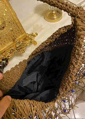 Boncuk İşlemeli Kahverengi Örgü Kadın Çanta - Görsel 3