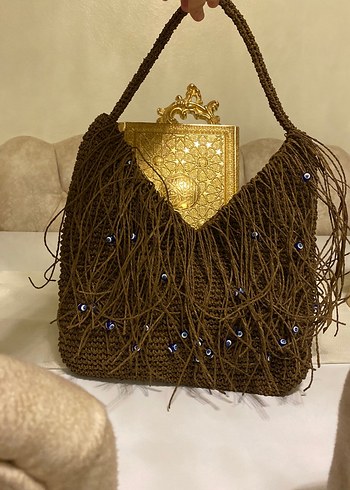 Boncuk İşlemeli Kahverengi Örgü Kadın Çanta - Görsel 4
