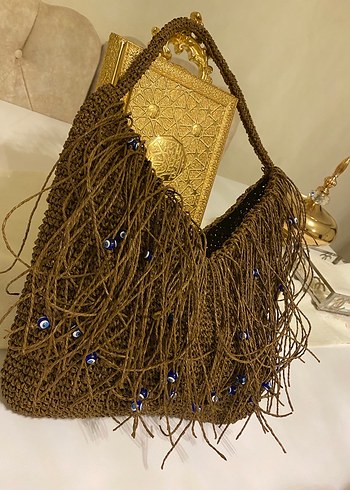 Boncuk İşlemeli Kahverengi Örgü Kadın Çanta - Görsel 2