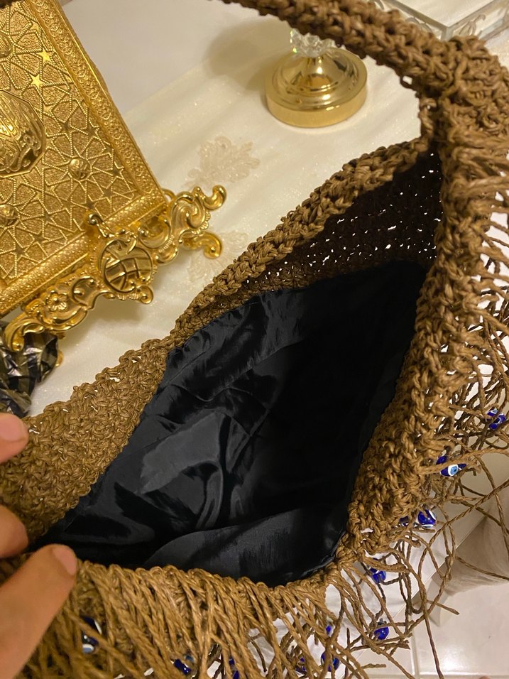 Boncuk İşlemeli Kahverengi Örgü Kadın Çanta - Görsel 3