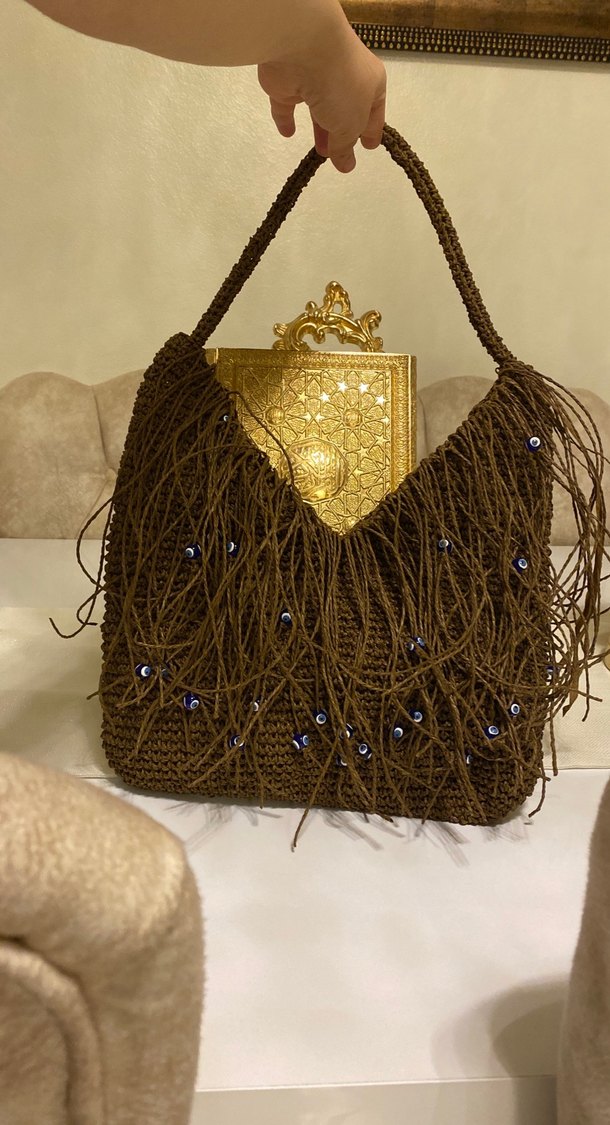 Boncuk İşlemeli Kahverengi Örgü Kadın Çanta - Görsel 4