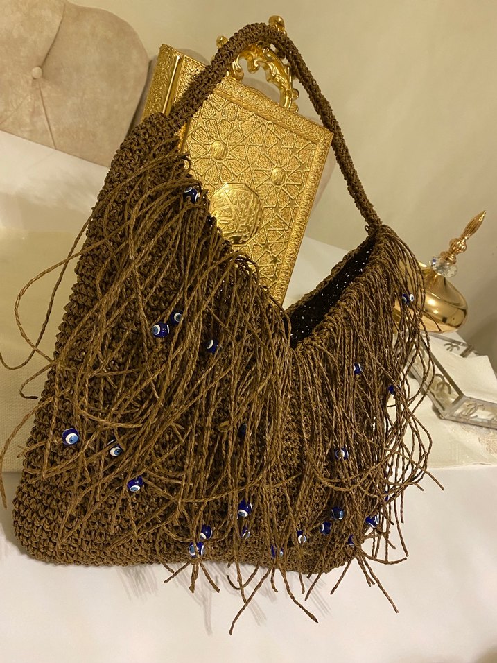 Boncuk İşlemeli Kahverengi Örgü Kadın Çanta - Görsel 2