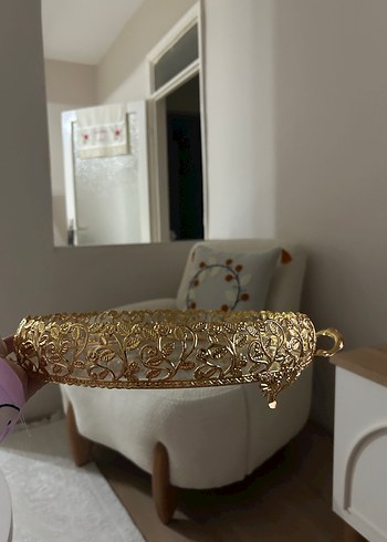 Beden altın Renk Altın Renkli Süslemeli Yuvarlak Ayna
