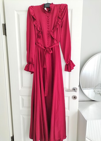 Bordo Uzun Kollu Fırfırlı abiye elbise - Görsel 2