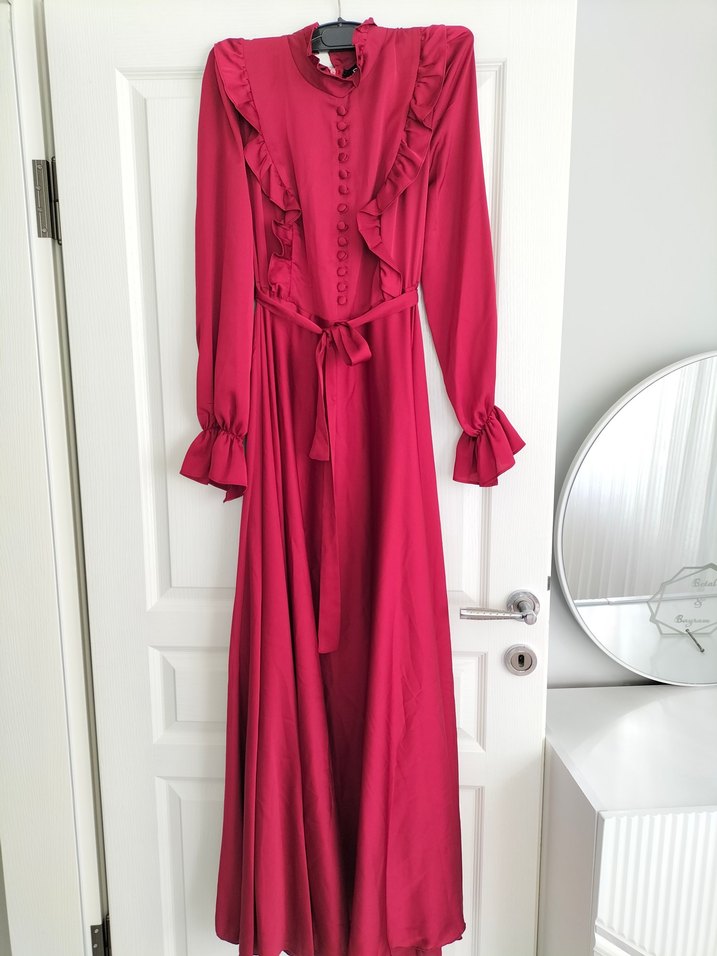 Bordo Uzun Kollu Fırfırlı abiye elbise - Görsel 2