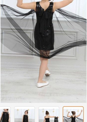 Drapeli Siyah Uzun Kollsuz ek pelerinli çocuk abiye  Elbise - Görsel 5