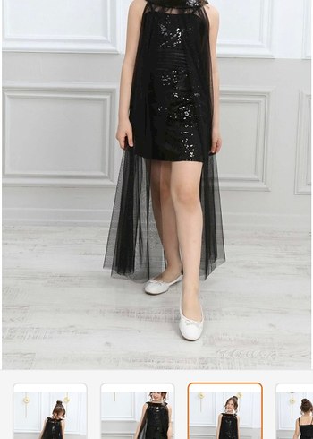 Drapeli Siyah Uzun Kollsuz ek pelerinli çocuk abiye  Elbise - Görsel 3